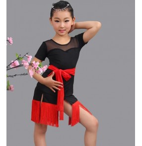 Red neon green orange fuchsia hot pink fringes tassels round neck short sleeves with sashes patchwork spandex competition performance girls kids children latin ballroom dance dresses outfits